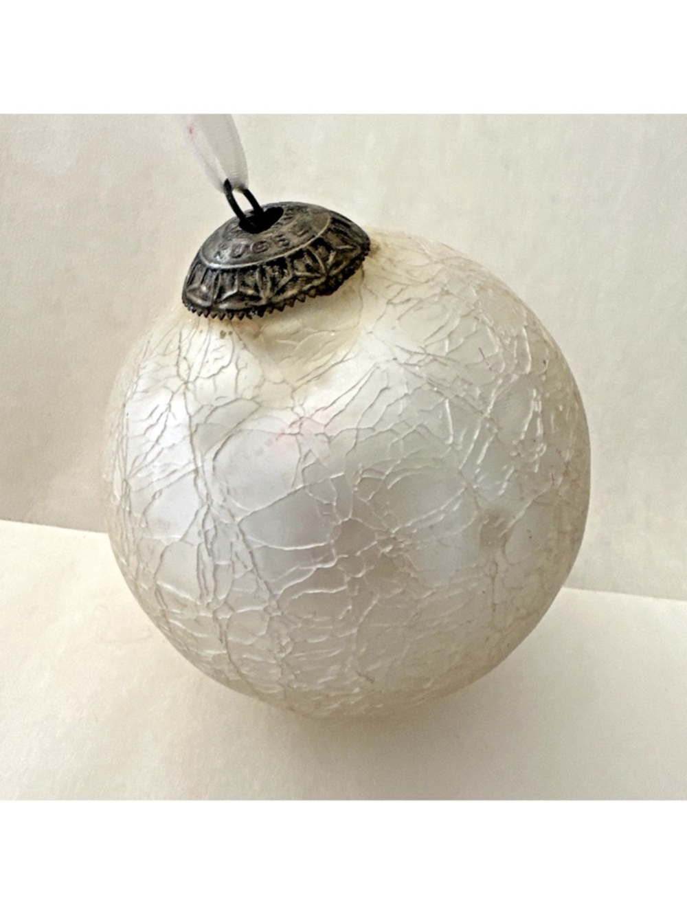Vintage Kugel Midwest White Crackle Glass Heavy Christmas Ornament